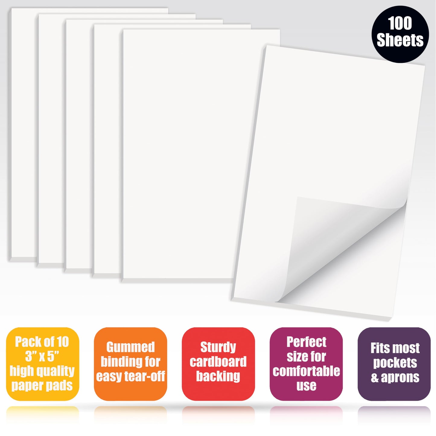 Better Office Products Blank Scratch Note Pads, 3" x 5", Server Notepads, 100 Sheets per Pad, Memo Pads, Gummed Binding for Easy Tear-off (10 Pack)