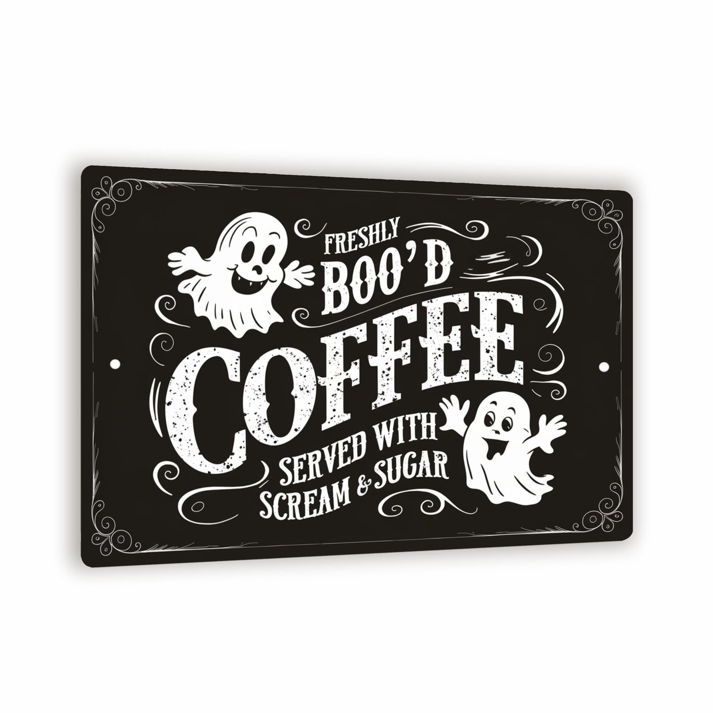 Halloween-Themed Metal Sign - "Freshly BOO'D Coffee Served with Scream and Sugar" - Humorous Ghost Design - 8"x12" Black Metal Sign