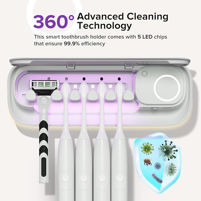 Toothbrush Holders Wall Mounted,5 Slots Tooth Brush Holder for Bathroom,Rechargeable Toothbrush Cleaner with Drying Function,Electric Toothbrush Holder with Cover (White)