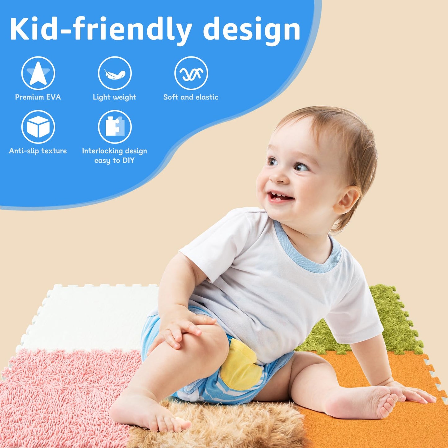 Edusense 6-Pack Sensory Floor Tiles – for Tactile Play, Autism Support & Baby Development | 1cm Thick Interlocking Foam Mat with 6 Textures | Essential for Playroom, Daycare & Calming Corner (3x2 ft)