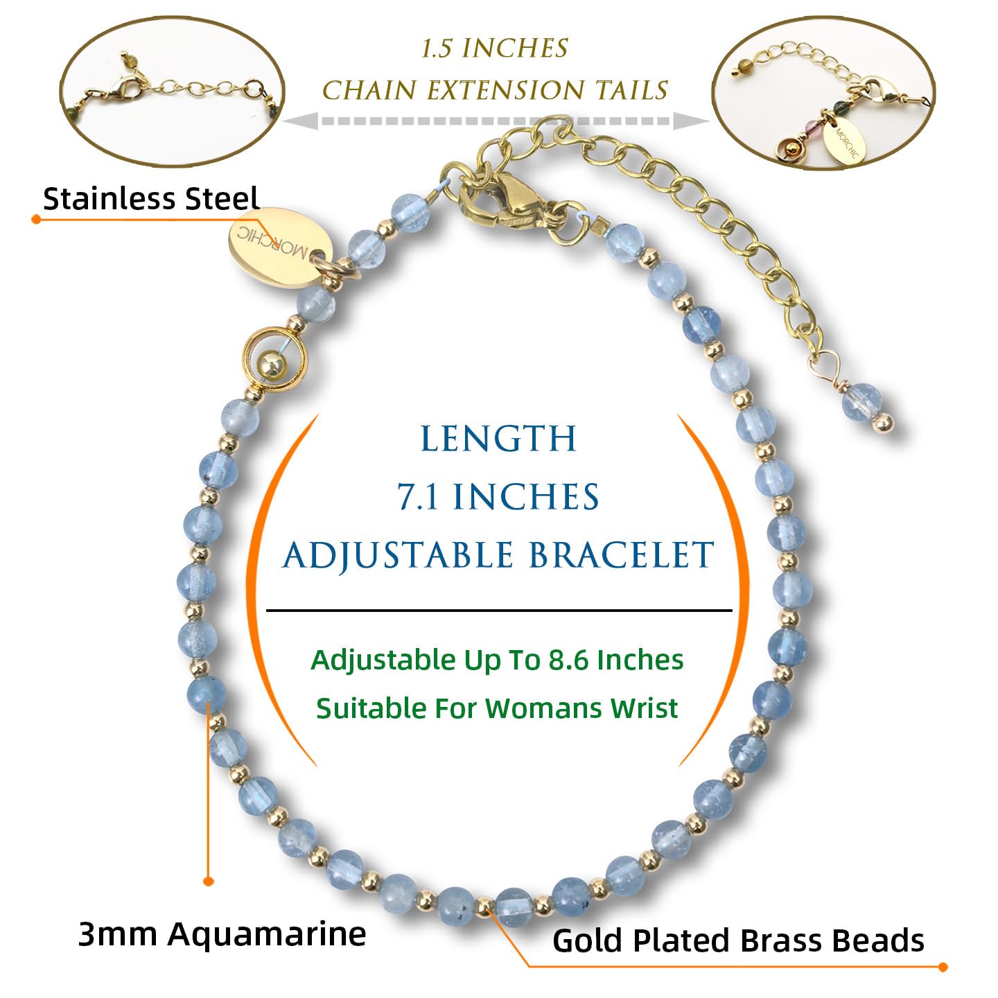 Morchic 3mm Blue Aquamarine Natural Gemstone Beaded Bracelet for Women, Dainty Tiny Charm Jewelry, Adjustable 7.1-8.6", Ideal Birthday Holiday Gift
