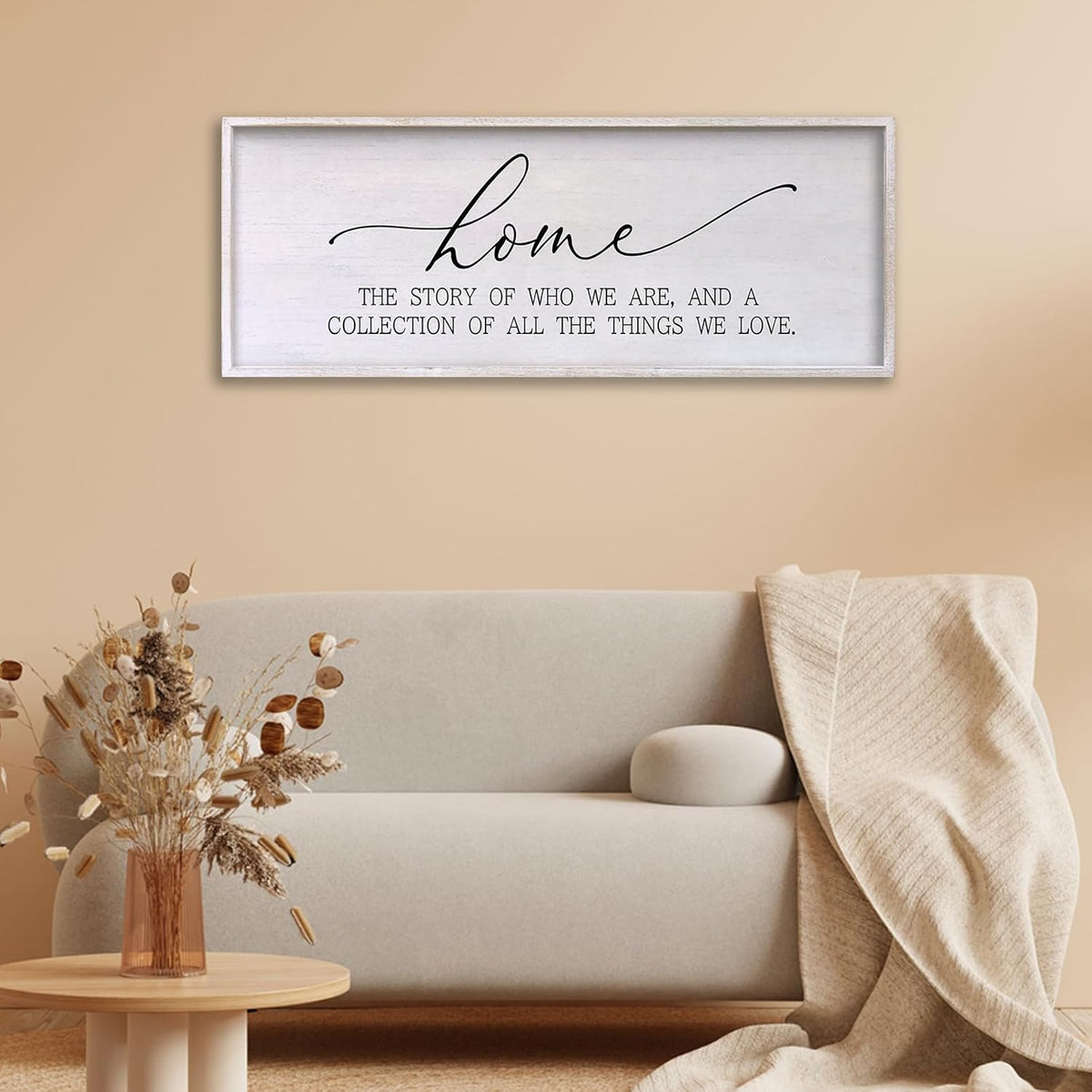 Home The Story of Who We Are Sign Farmhouse Family Wall Decor 32x12 Inch Plaque Wood Framed Art for Hanging (White)