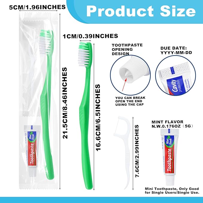 Disposable Toothbrushes with Toothpaste and Floss,100Pcs Green Single Use Individually Wrapped Disposable Travel Toothbrushes and Dental Floss Kit Bulk for Homeless,Airbnb,Hotel,Dentist