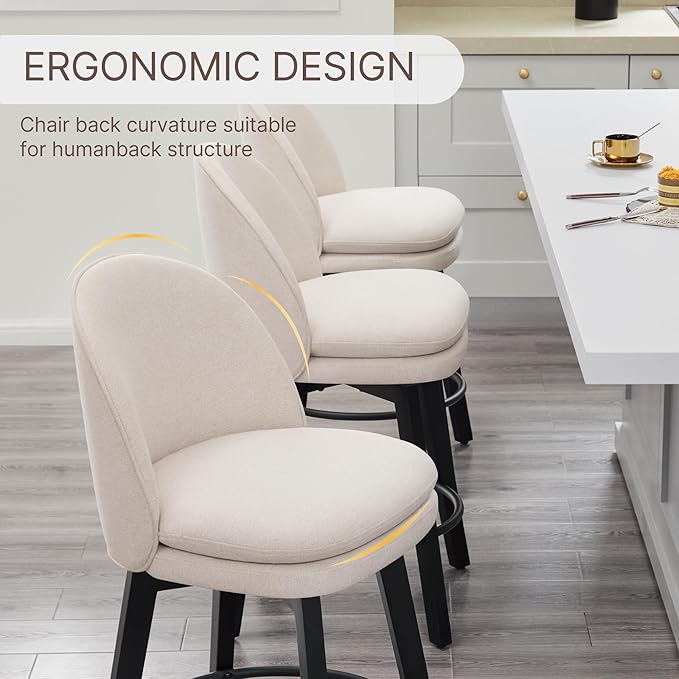 Counter Height Barstools 26 inch Upholstered Swivel Bar Stools with Back and Wood Legs for Kitchen Island,Set of 1,Beige Fabric-Armless
