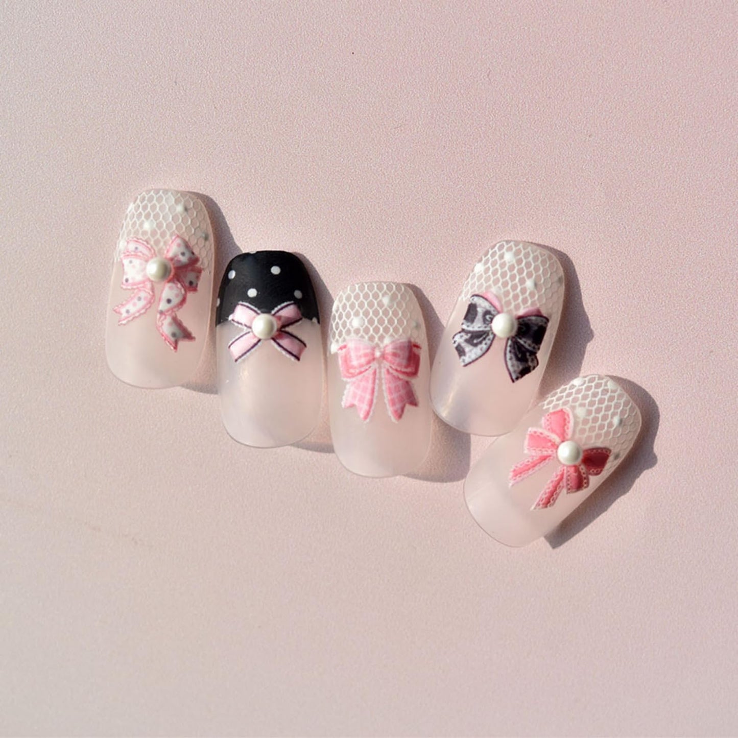 5D Embossed Bow Nail Stickers Pink Black Pearl Bow Tie Design Self-Adhesive Nail Decals Sweet Girly Manicure Decorations for Women DIY Nail Art