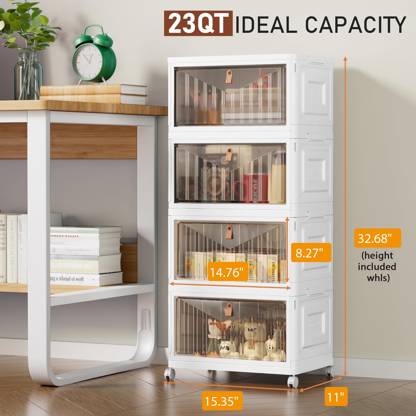 4 Tier Storage Bins with Lids, 23QT Stackable Closet Organizers and Storage with Wheels, Collapsible Storage Boxes, Foldable Plastic Storage Containers for Home,Office, Dorm Room-White