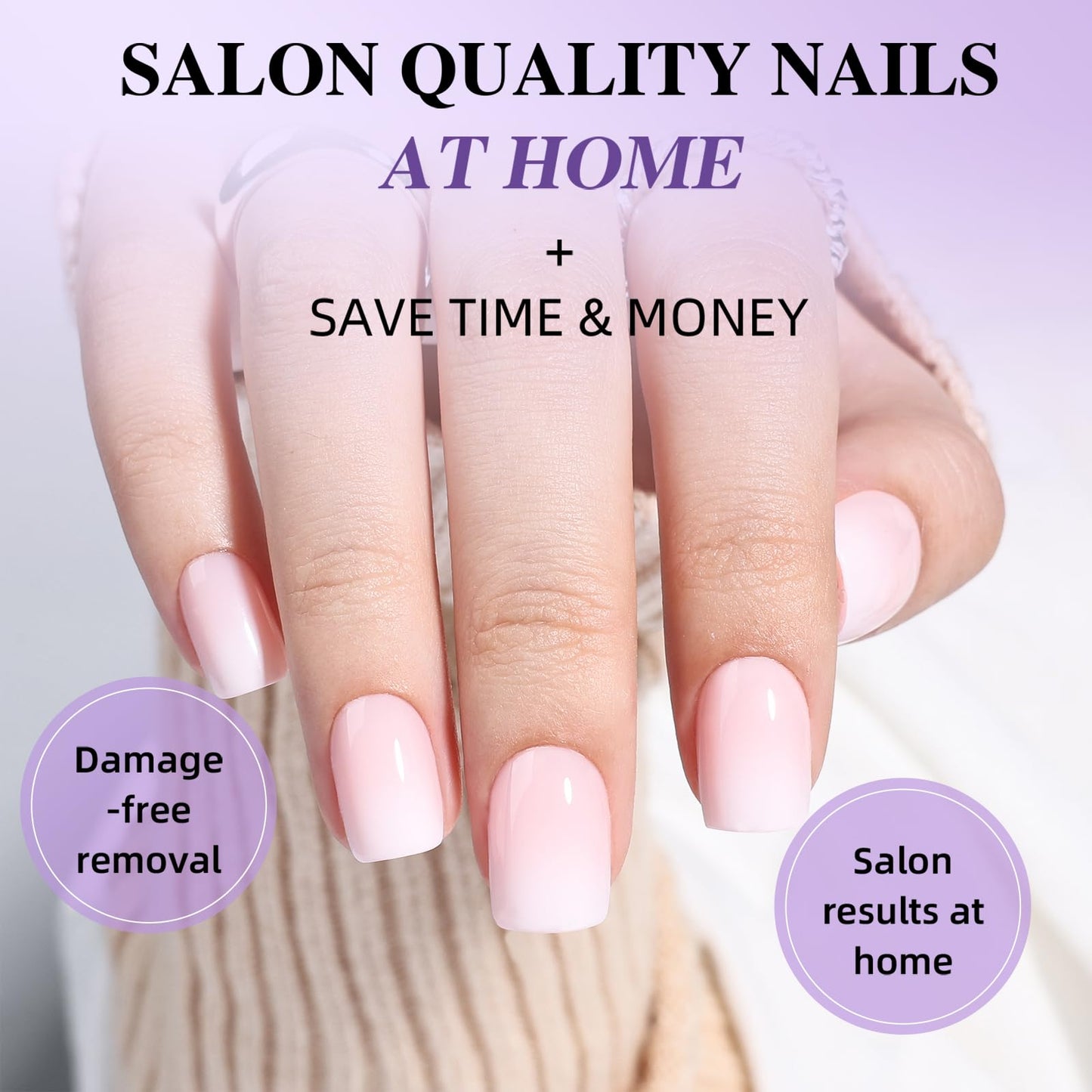 Ombre Press On Nails - Short Square Nude Pink Press on Nails, Glossy Nails Press Ons for Women, Reusable Fake Nails Kit with Glue, 30 Pieces in 15 Sizes