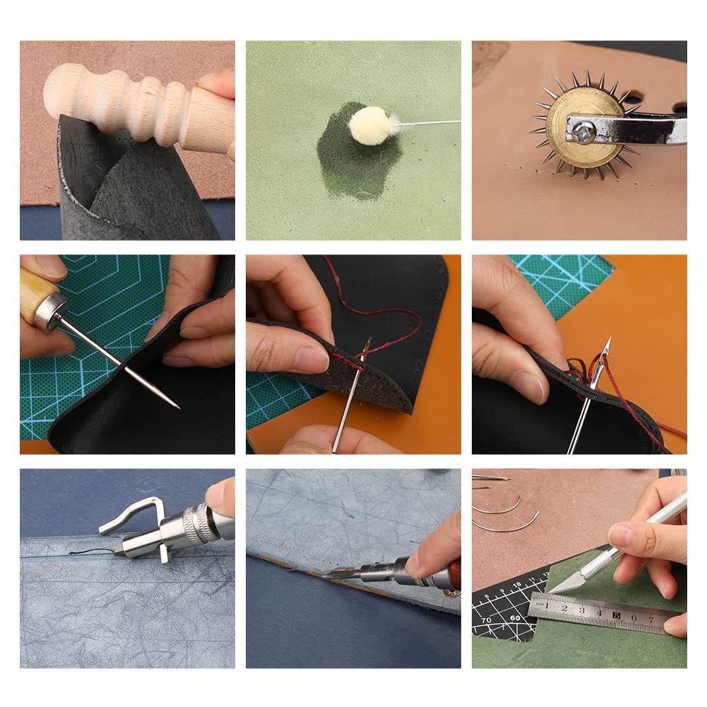 BUTUZE Leather Working Tools, Practical Leather Craft Kit with Waxed Thread Groover Awl Stitching Punch Hole for Leathercraft Beginner or Adults Gifts