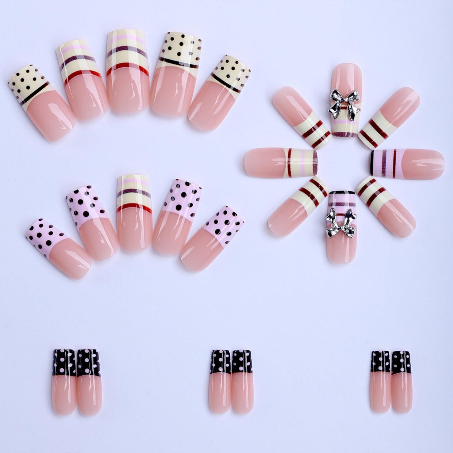 Long Press on Nails Square Fake Nails Pink Artificial Nail Brown Polka Dot Stripe Bow Charm Glossy Stick on Nail Sweet Retro Salon Look for Women 24pcs