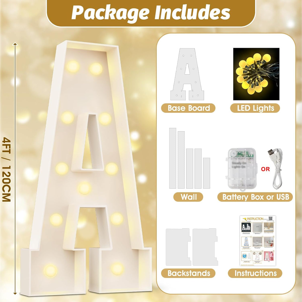 Ledido 4FT Marquee Light Up Letters Large Light Up Letters for Party Decoration, Marquee Letter for Birthday Graduation Baby Shower Wedding, Pre-cut Foam Board Assembly Required Letter K