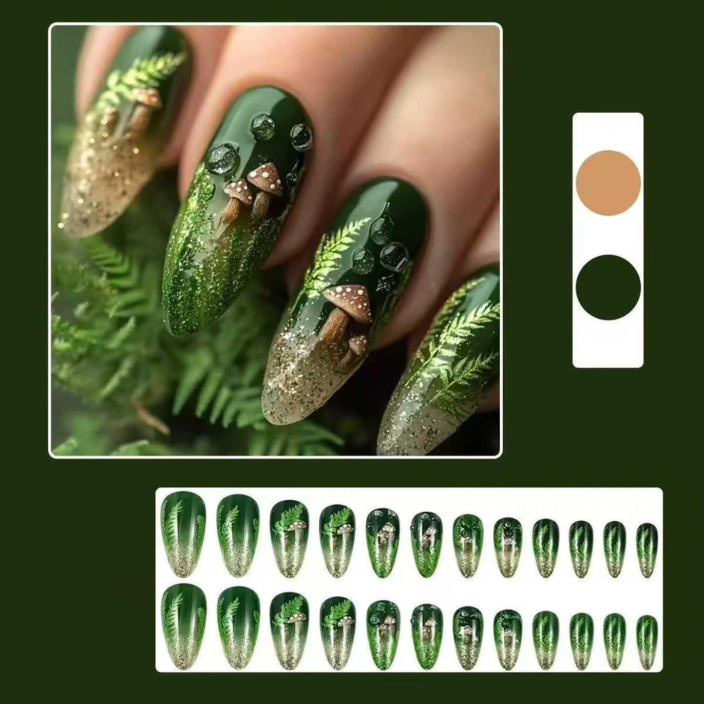 24Pcs Press On Nails Almond Medium Fake Nails With Mushroom Grass Design Green Stick On Nails Glitter Water Droplet Glue On Nails Glossy Full Cover Artificial False Nails For Women Nail Supplies