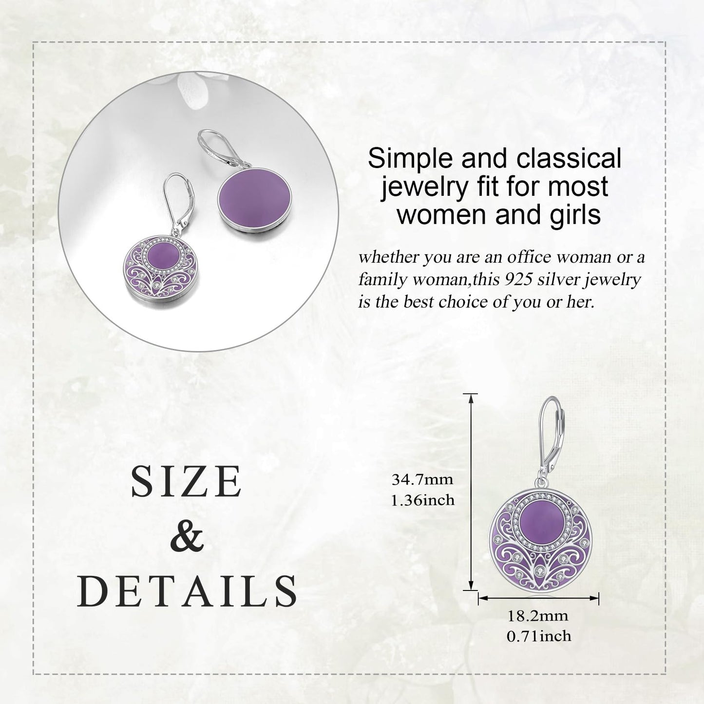 Amethyst Drop Earrings Sterling Silver Filigree Circle Leverback Earrings Jewelry Gifts for Women