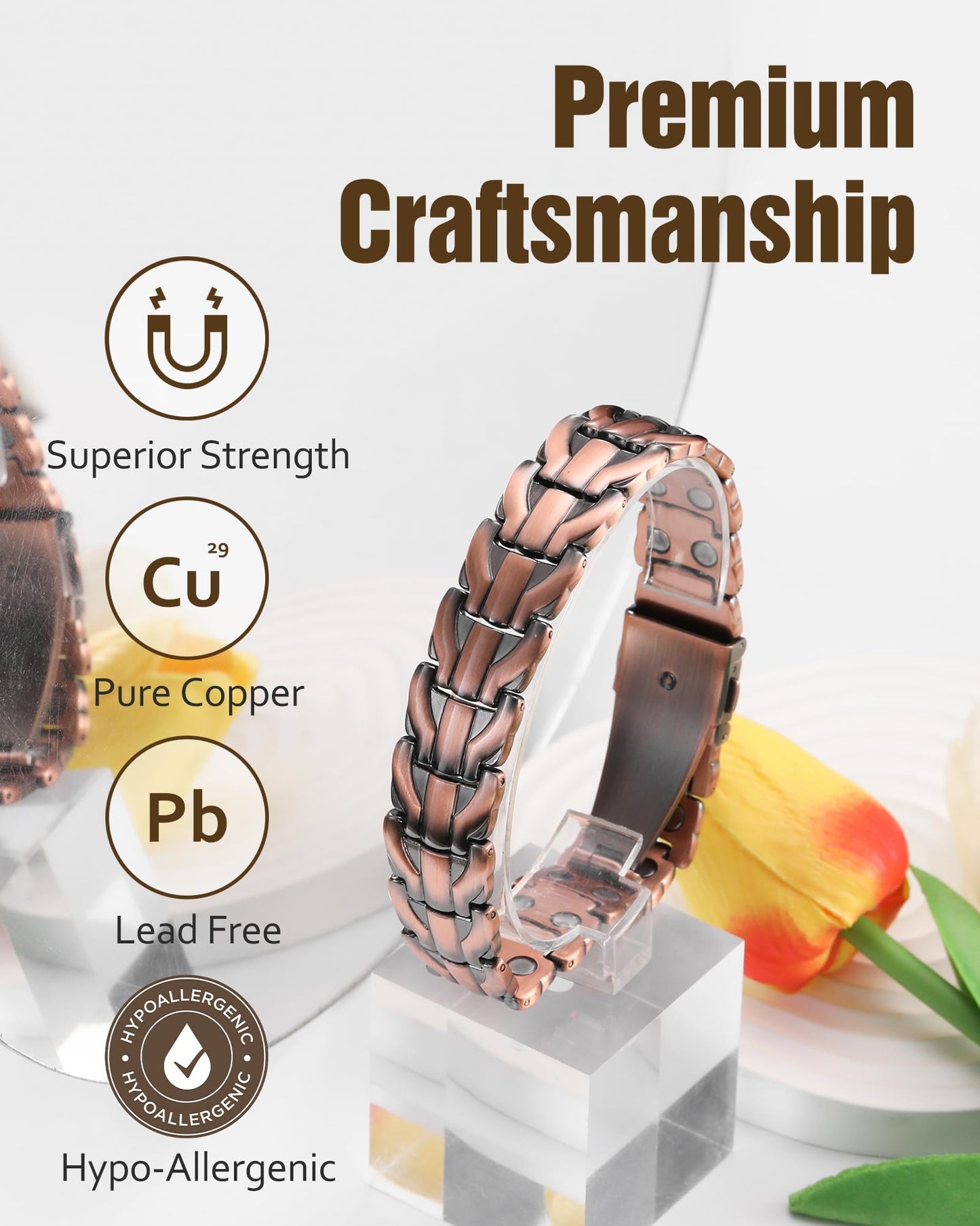 Jecanori Pure Copper Bracelet for Men, 2X Strength Magnetic Bracelets for Men with Fold-Over Clasp