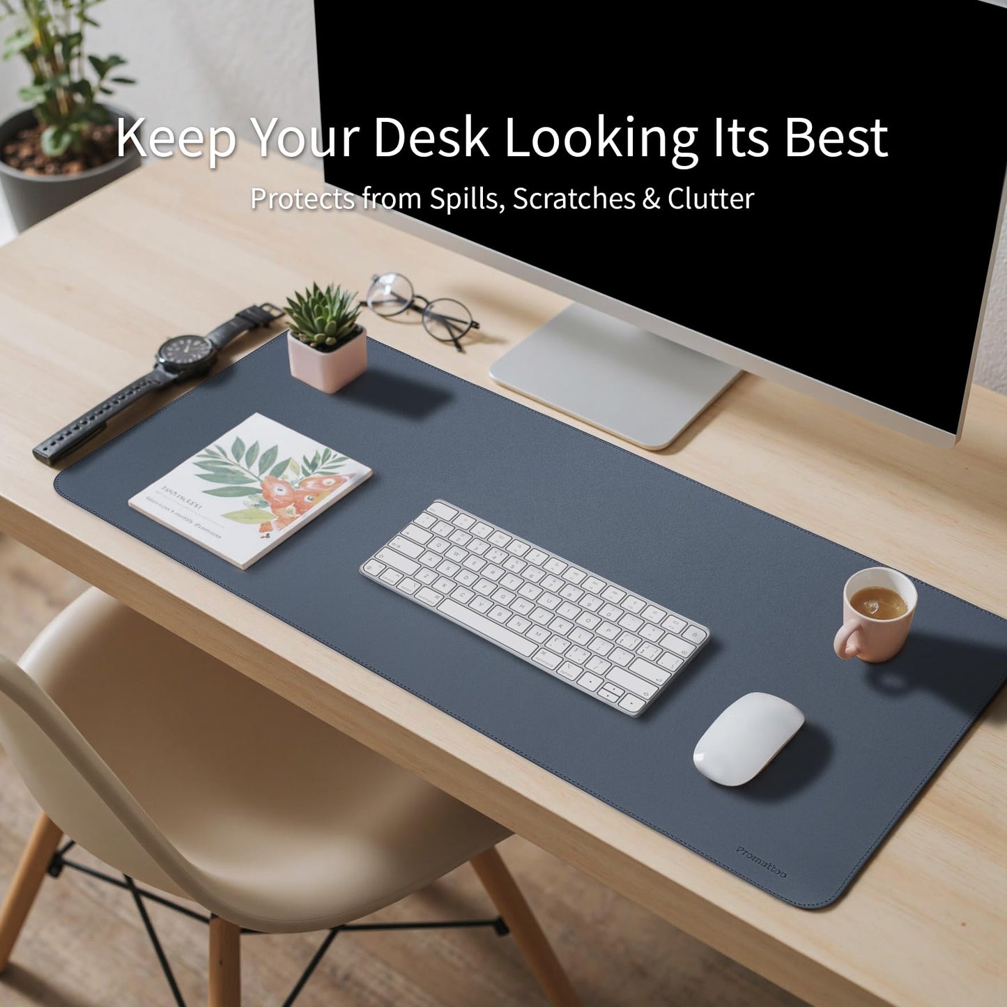 PROMATTOO Oversized Non-Slip Desk Pad Protector with Premium Gift Box – Vegan Leather Waterproof Laptop Mat for Keyboard & Mouse, Grips Desk Firmly – Large Office Pad– Dusk Navy