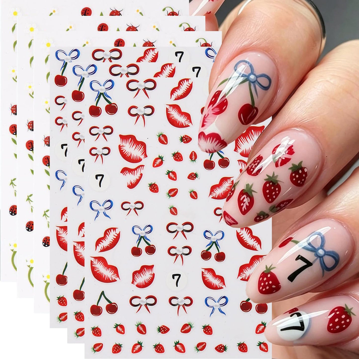 Strawberry Lips Nail Art Stickers Bow Cherry Nail Art Decals 3D 6Sheets Self-Adhesive Fruit Stickers Beetle Flower Leaf Nail Designs for Women Summer Fresh Style Nail Supplies Decorations