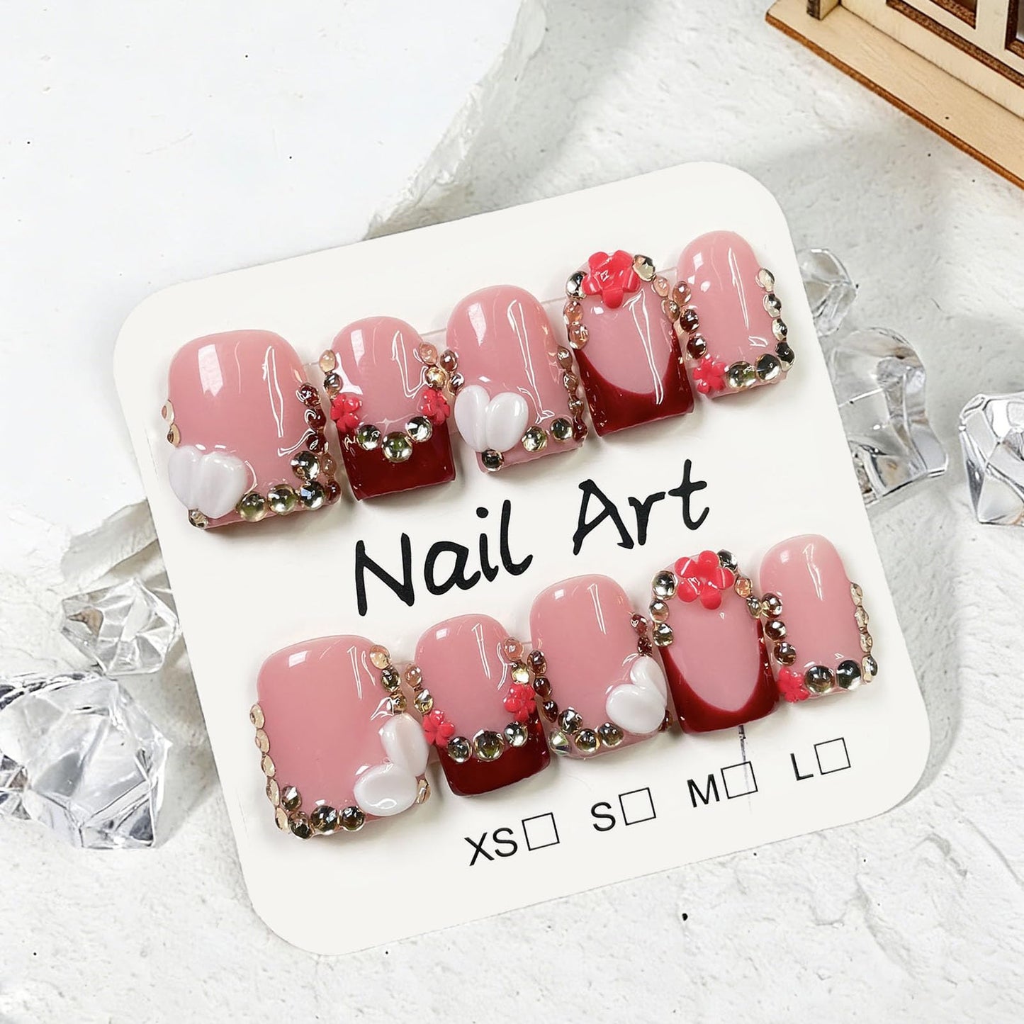 10 Pcs Handmade Press on Nails Short Square Fake Nails with 3D Rhinestones Flower Design Burgundy French Tip False Nails Pink Acrylic M Size Press Ons Nails Square for Women