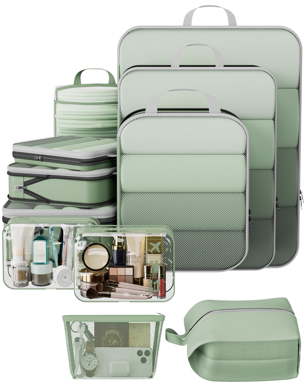 Veken 11 Set Compression Packing Cubes for Travel Essentials,Compressible Expandable Large Luggage Suitcase Organizer Bags for Clothing,Durable Space Saver Storage Bags(Matcha Green)