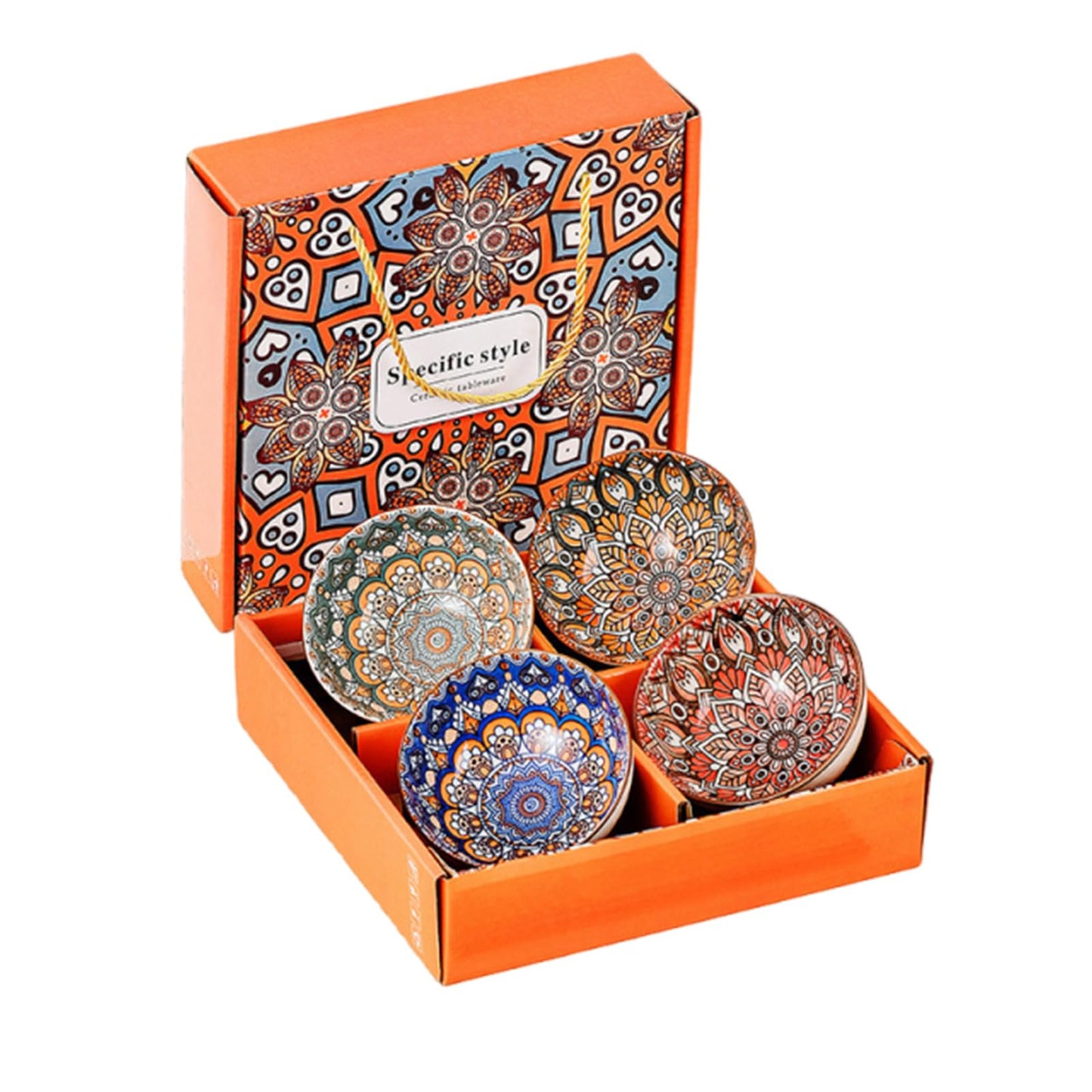 AQUGOO 4 Pcs Ceramic Bowls Set, Bohemian Style Colorful Bowl, Ceramic Rice Bowls 10 oz, New Year Gift Set, Housewarming Gift, Dishwasher & Microwave Safe Bohemian Bowls Sets