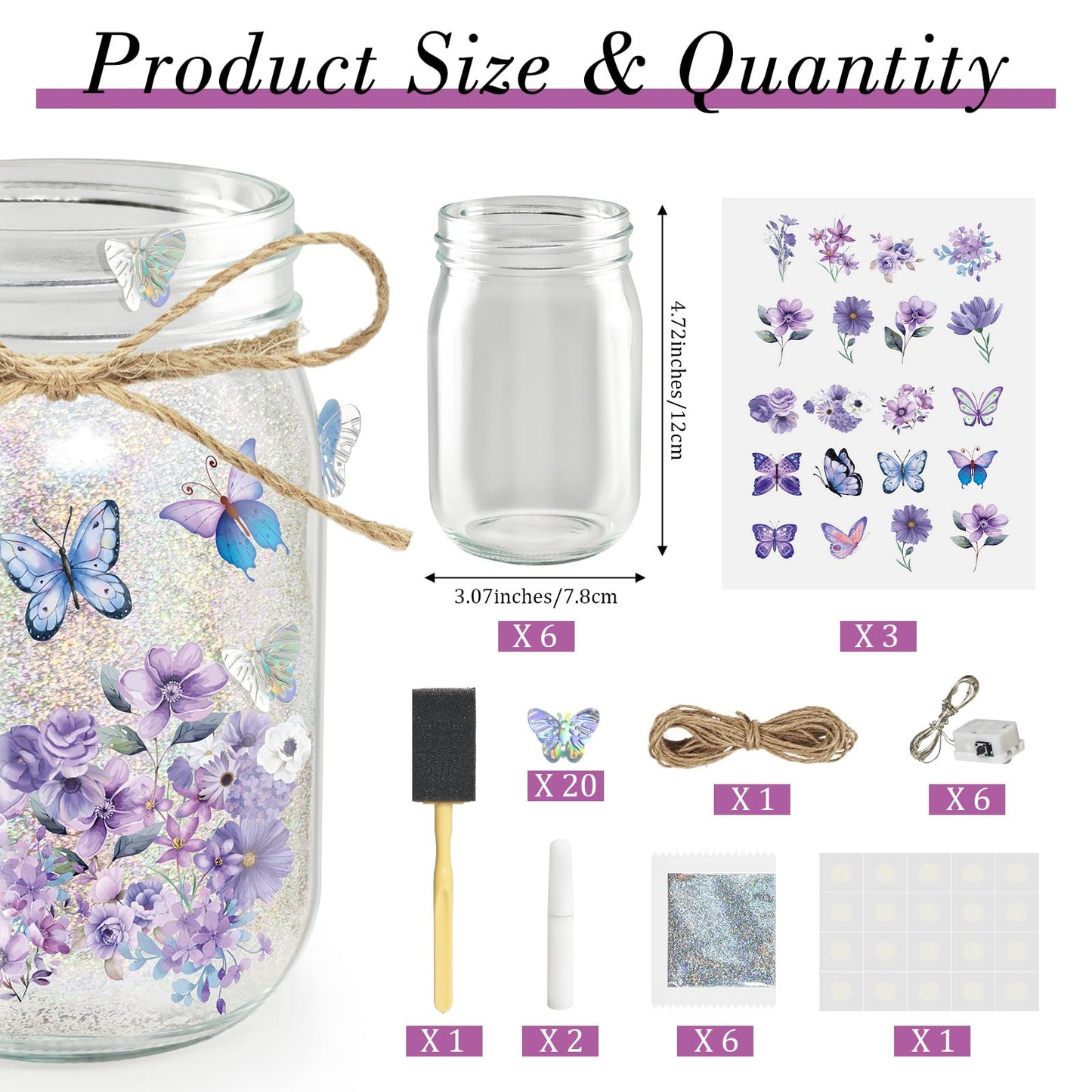 Cinrobiye 6 Set DIY Mason Jar Lantern Craft Kit with LED Lights, Butterfly & Flower Decorations, Handmade Table Centerpiece Decor for Home Party Wedding Craft Lovers