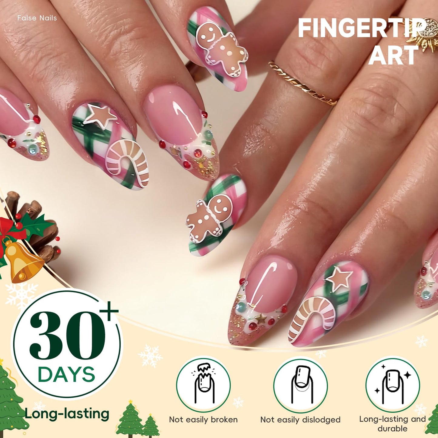 HOSAILY Cute Pink Winter Press on Nails Short Almond Fake Nails with 3D Embossed Gingerbread Man Candy Star Design Rhinestone Glue on Nails,30pcs Glossy Bling Stick on Nail Press ons for Women