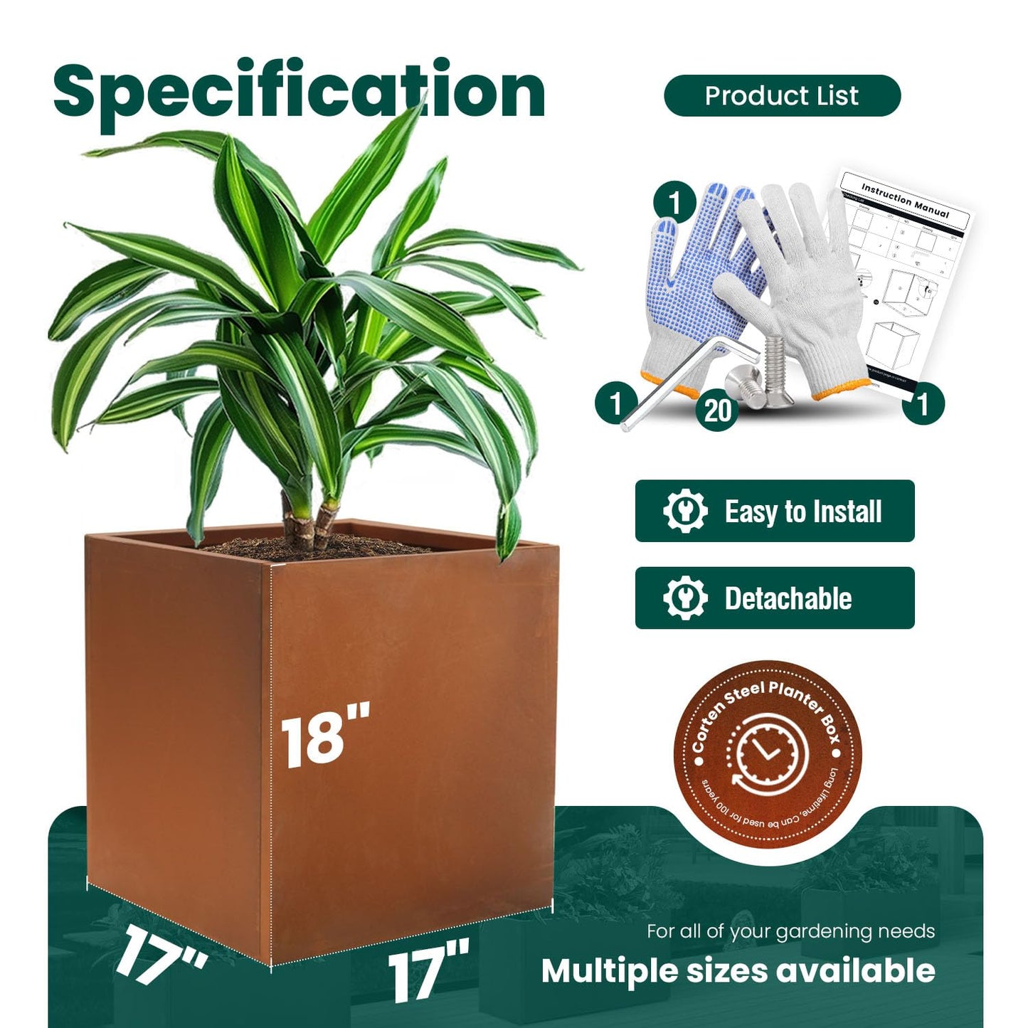 GZGNEEVL Corten Steel Planter Box Metal Outdoor Large Rectangular 17" L x 17" W x 18" H Rustic Durable Antique Detached for Commercial Residential Patio and Backyard