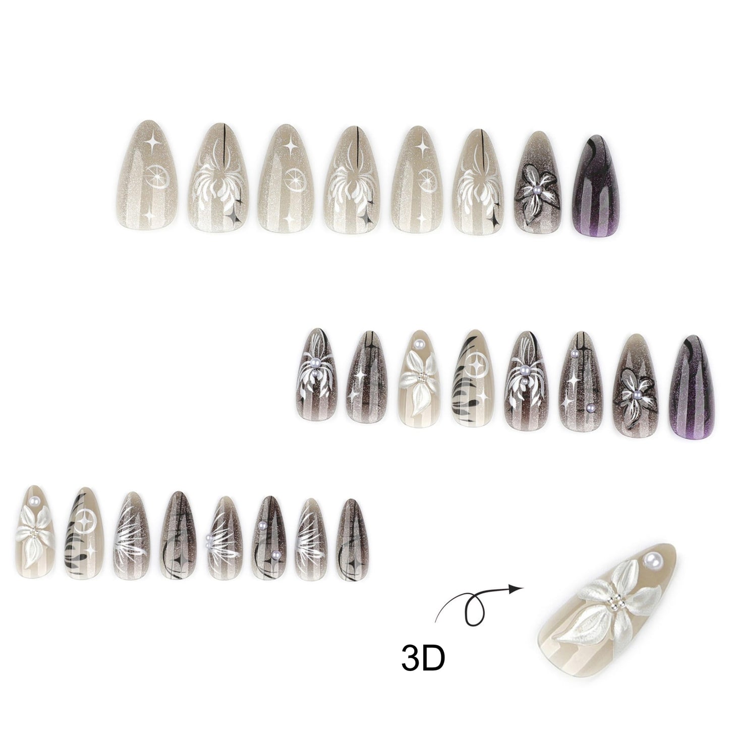 Almond Press on Nails Long Fake Nails Silver Artificial Nail SEENEEY Pearl 3D Flowers Designs Stars Moon Stick on Nail for Women 24pcs