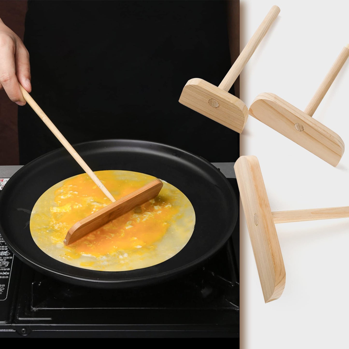 HUOYANSHE Fir Wood Pancake Spreader and Spatula Kit, 3 Size Batter Spreader and One 11.8" Spatula For Different Crepe Pans, Crepe Making Tools Suitable For Home Kitchen & Commercial Pancake Stall
