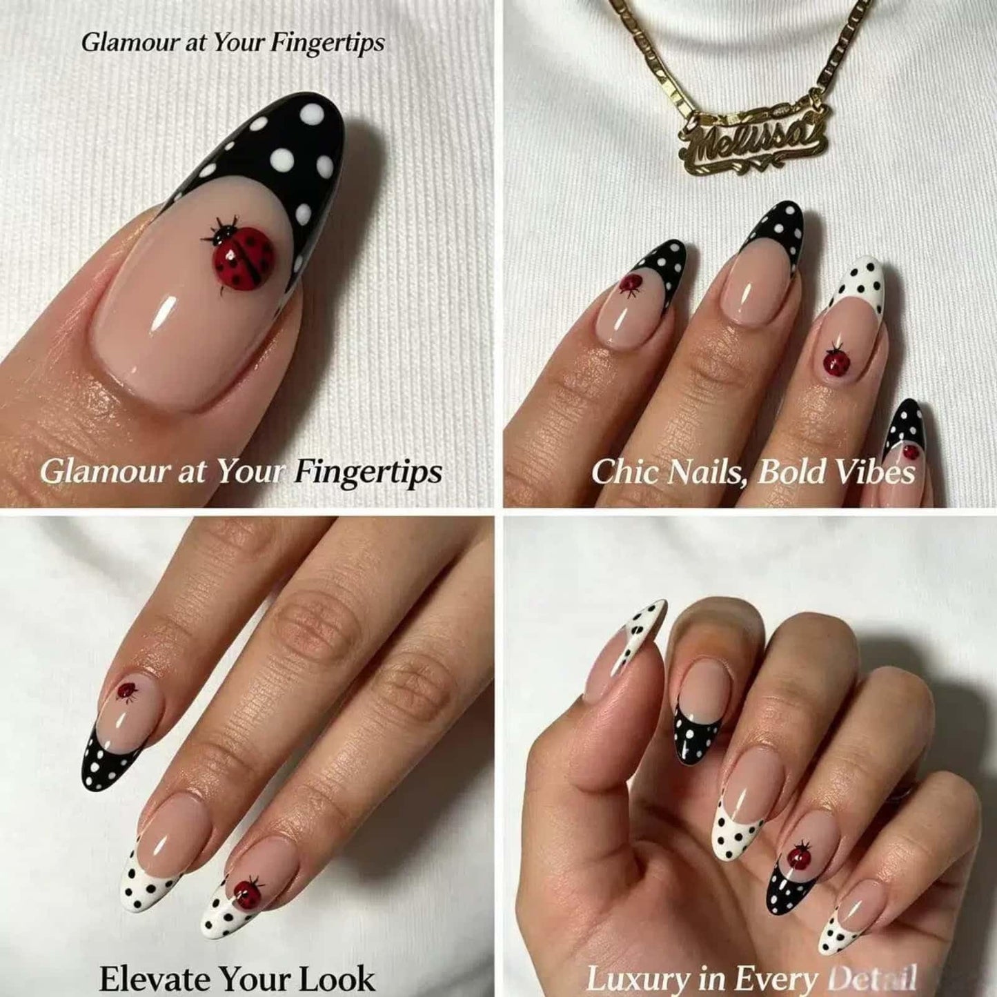Polka Dot Press On Nails Almond Medium Fake Nails Black and White Polka Ladybird Dot Design Glossy Glue on Nails Spring Summer Nails Press on Reusable Full Cover Cute Acrylic Nail for Women 24 Pcs