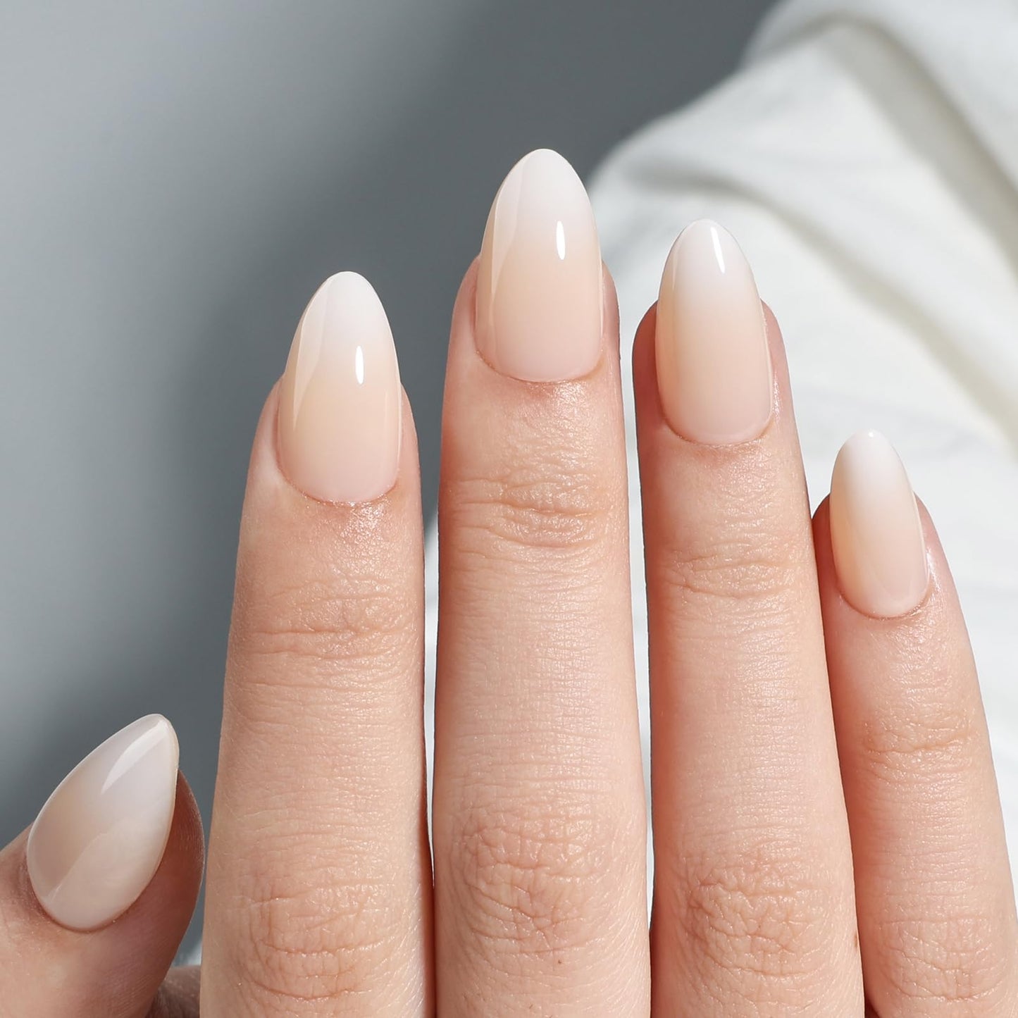 Ombre Press On Nails Short - Almond Ombre French Tip Press On Nails, Reusable Fake Nails Kit with Glue, 32 Nails in 16 Sizes | Salon Quality