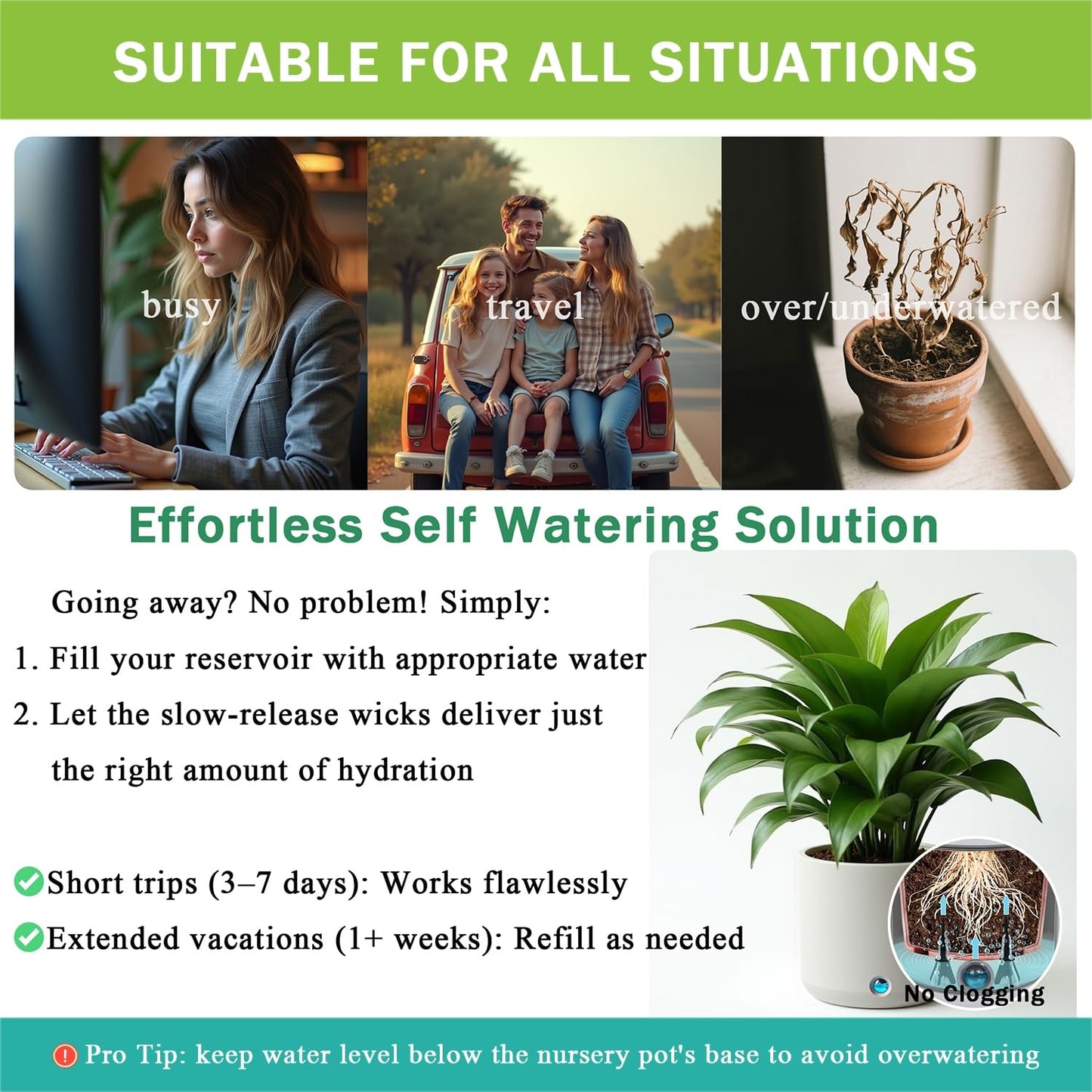 GreenShip 8 Pack Self Watering Planter Insert Watering Spikes, Watering Stakes with Wicking Rope, Plant Spikes for Indoor Outdoor Plants, Vacation Plant Watering Device for Planter Height 12" to 17"