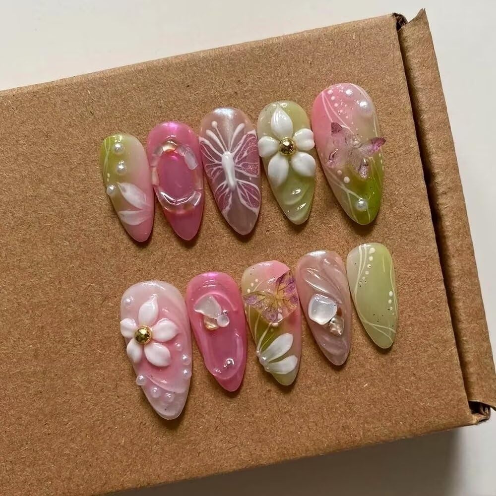 Press On Nails Medium Almond Shape - 3D Handmade Acrylic Gel Fake Nails with Glitter Designs, Reusable Thick Almond Nails for Women DIY Manicure Kit (10PCS, L Size, Easy Application)