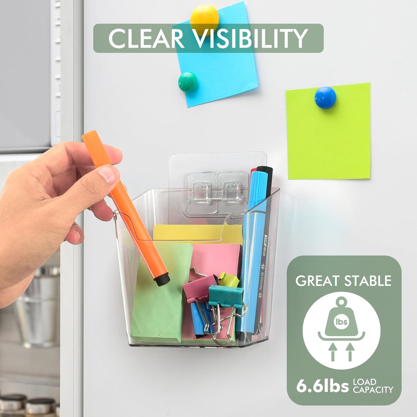 Clear Adhesive Wall Storage Bins, 4 Pack Cabinet Door Organizer Holders, Hanging Wall Mount Pockets, Plastic Cups for Shower Bathroom Makeup Office Craft Remote Kitchen Sink RV Organization (Small)