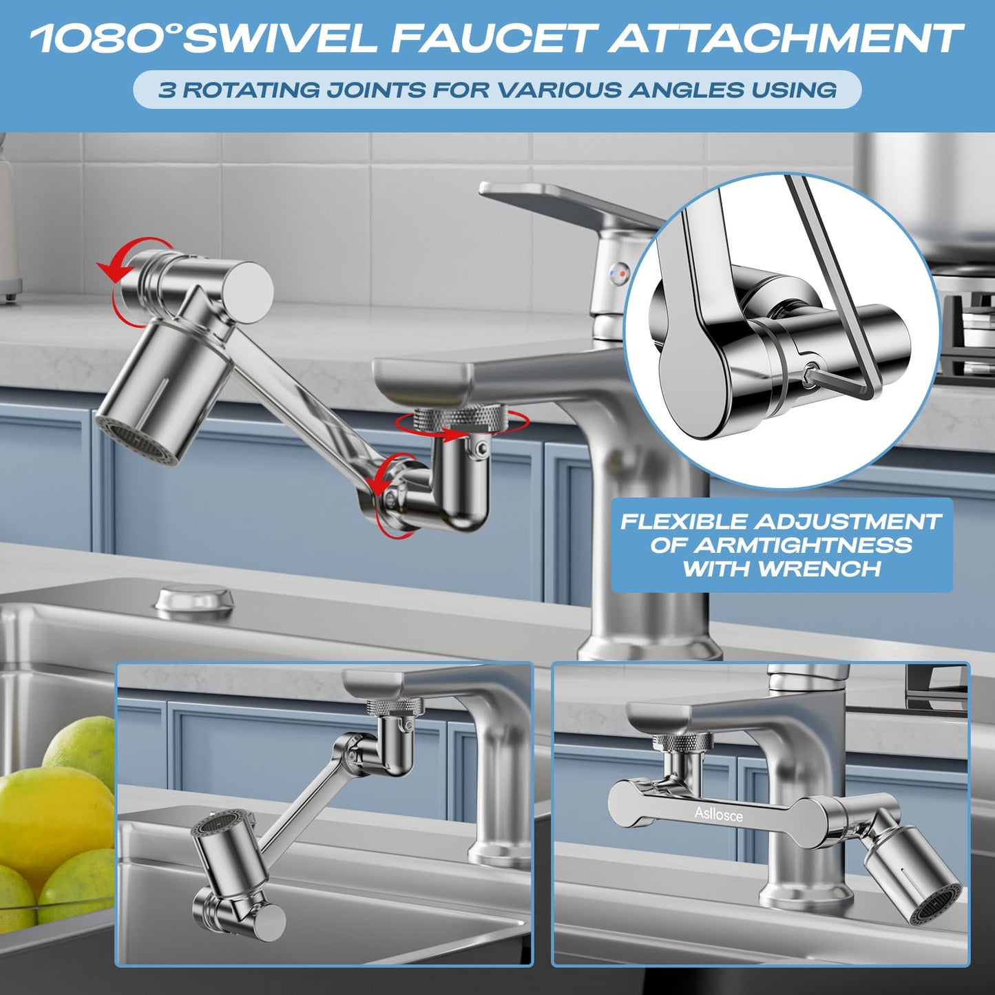 1080° Rotating Faucet Extender, Brass Faucet Multi-functional Spray Nozzle Extender, Universal 36° Rotating Mechanical Arm Bathroom Faucet Extender, Kitchen Extend Filter, 2 Modes Spray