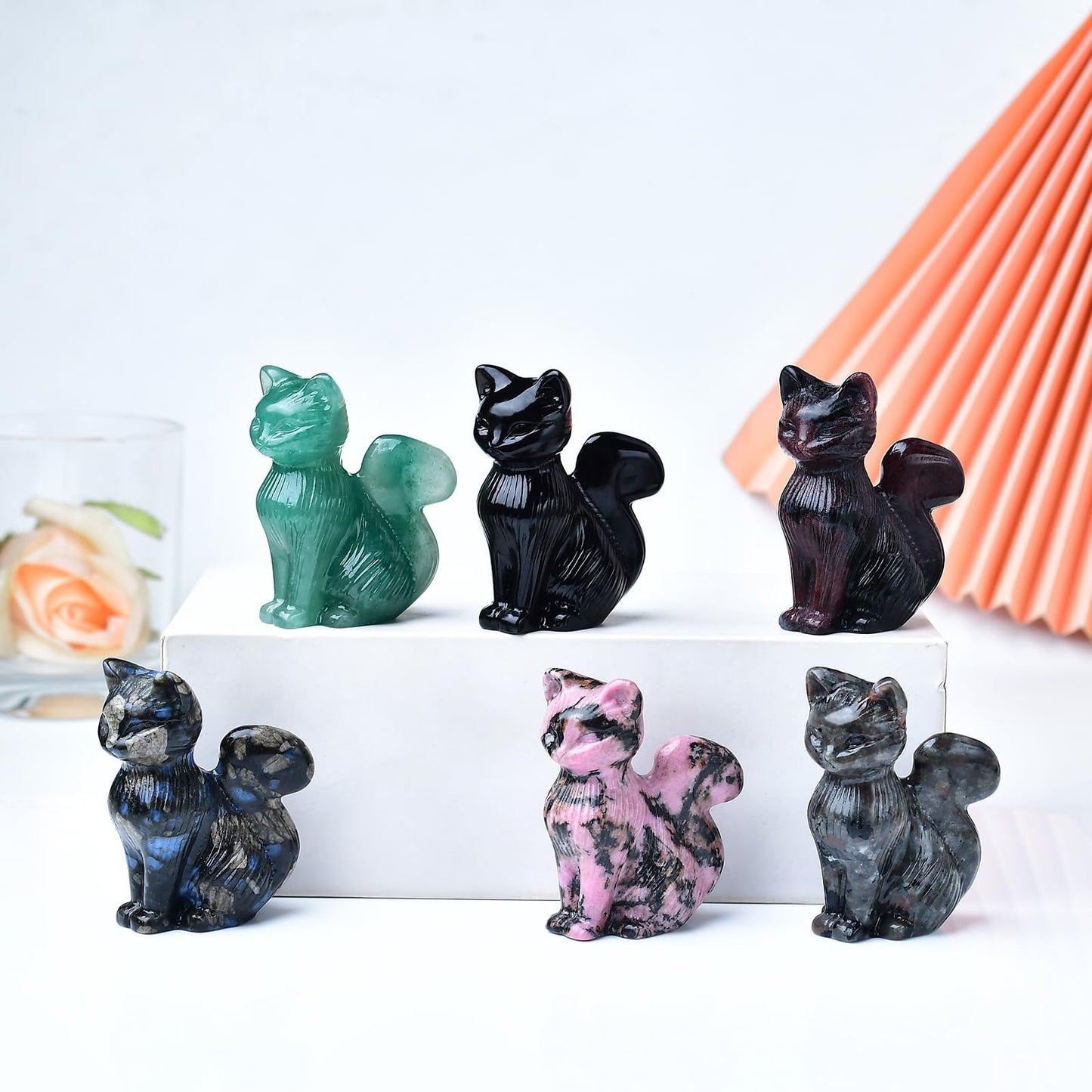 WUYOUSHI Natural Flame Stone Crystal Cat Statue 2.4 Inch - Handmade Healing Sculpture, Lucky Guardian Pocket Statue for Reiki Meditation, Office & Home Decoration Gift