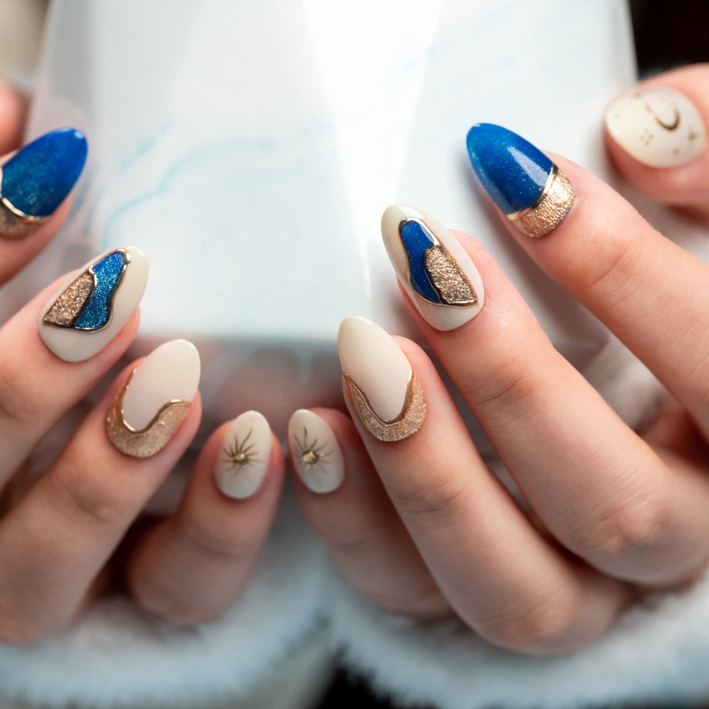 Sun&Beam Nails Handmade Press-On Short Almond with White Blue Gold Color 3D Design Charm Cat Eye Cute False Nail Tips 10 Pcs (#81 XS)