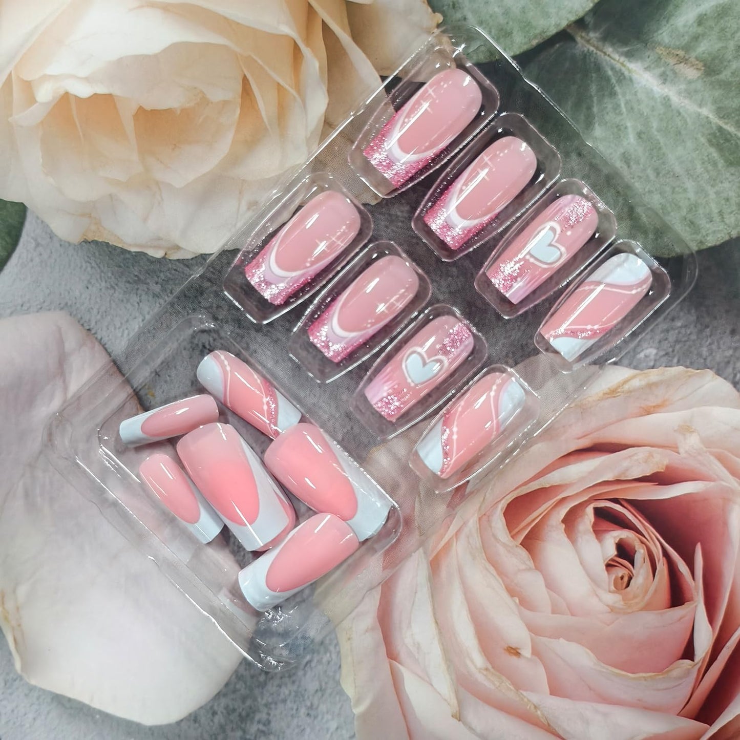 Valentines Press on Nails Medium Square Artificial Acrylic Fingernails French White Tip White Love with Glitter Coffin Nails Full Cover Glossy Heart Stick on Nail for Women Festival Manicure 24Pcs