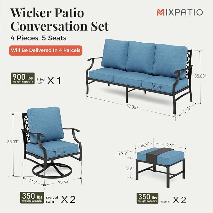 Patio Furniture Set 5 pcs, Outdoor Patio Furniture, 3-Seat Sofa, 2 Swivel Chairs, 2 Ottomans and 5.75" Extra Thick Cushion, Conversation Set for Backyard Deck,Navy Blue