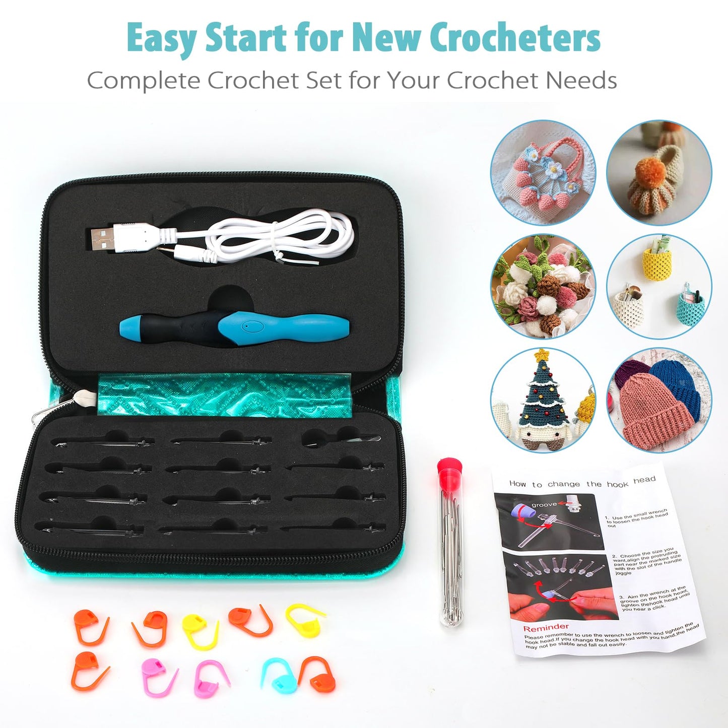 Votris Light Up Crochet Hook Set - 11 in 1 Lighted Crochet Hook Set for Beginners, Ergonomic Soft Grip, Rechargeable Light, Interchangeable Heads - Ideal Crochet Hooks Kit, Gift