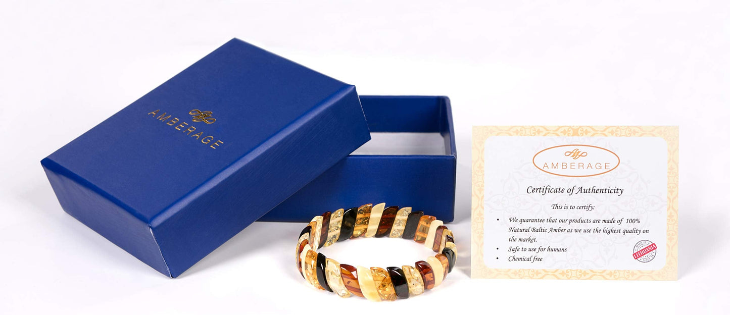 AMBERAGE Baltic Amber Stretch Bracelet for Women - Genuine Handmade Jewelry with Polished Multi-Colored Amber Beads - Elegant Elastic Bracelet Gift from Lithuania with Certificate of Authenticity