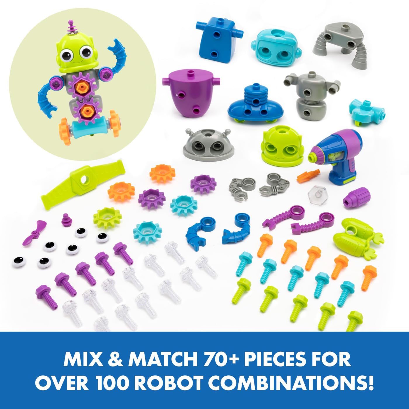 Educational Insights Design & Drill Robot Workshop - Construction Toys & Tools for Kids, Robot Toy Building Sets, Kids' Tool Set with Real Electric Drill Toy, Take Apart STEM Set, Gifts for Ages 3+