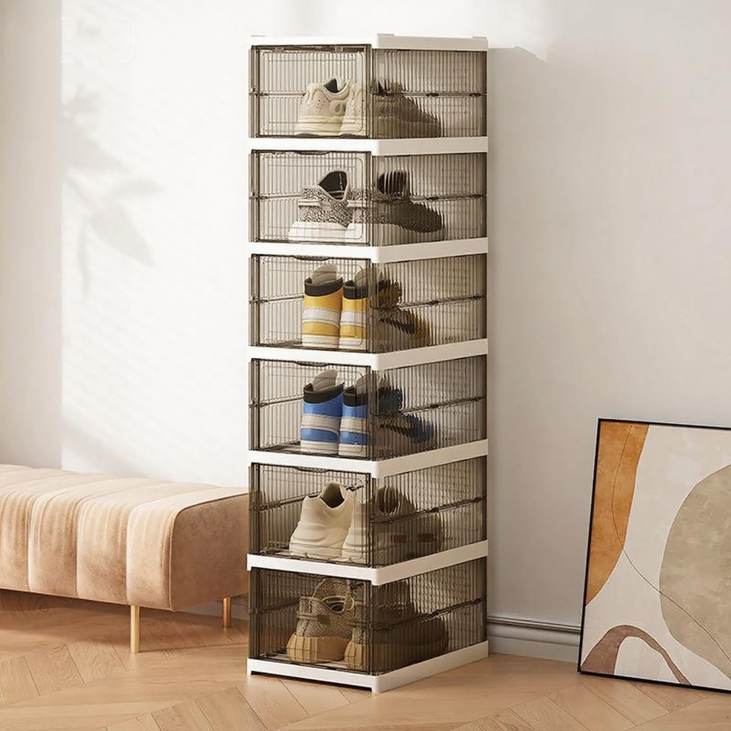M ACHOOSE Shoe Storage Organizer Box 6-Tier Foldable Collapsible Stackable Shoe Rack Bins, Fit Size 12, No Assembly, for Men and Women (Transparent gray)