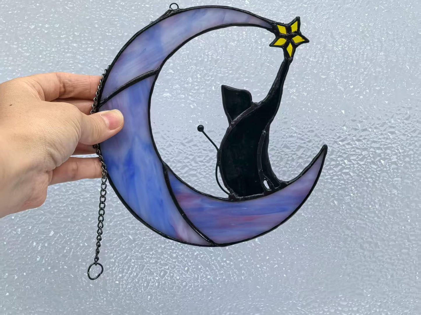 GONGWANTON Handmade Cat Stained Glass Window Suncatcher, Moon Design, Home Decor Hanging Ornament (Gift 5)