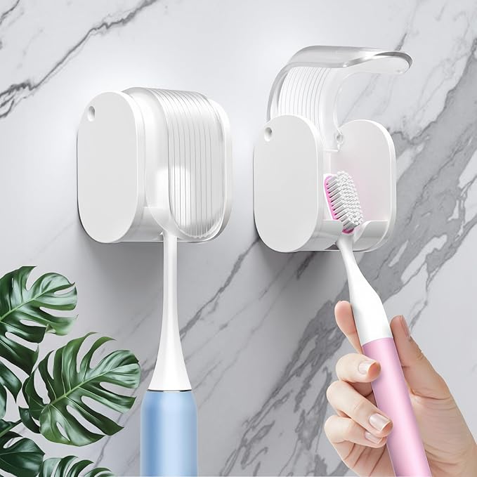 2 Pcs Toothbrush Holders Wall Mounted, Single Slot Design, Shower Self Adhesive Wall Mounted Toothbrush Holder with Cover, Waterproof and Dustproof, Suitable for Bathroom, Family, Travel (Transparent)