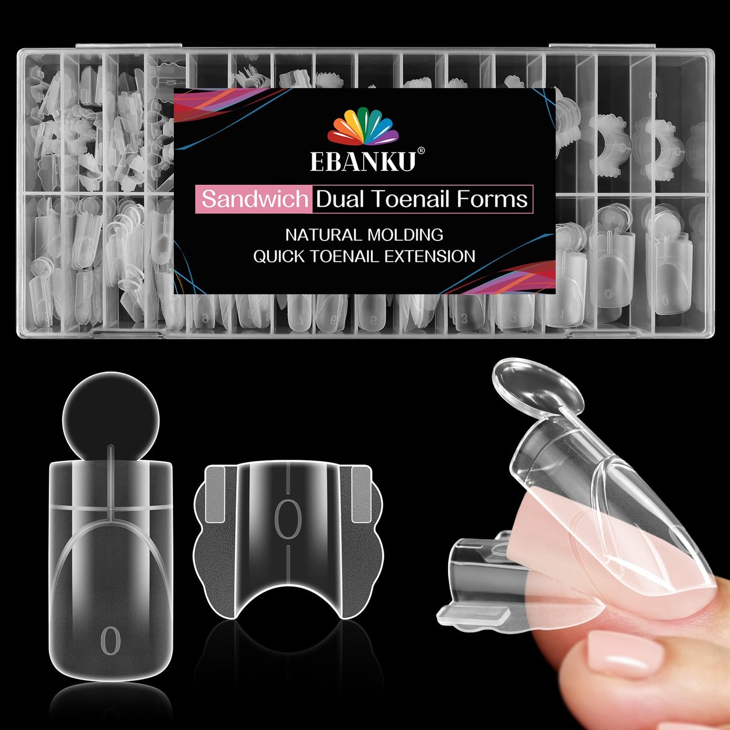 EBANKU Original Sandwich Toe Nails Dual Forms, 280Pcs Square Short Toe Nail Mold for Quick Toenails Extension, No Paper Forms Needed, 15 Sizes Salon Nail Art Tools