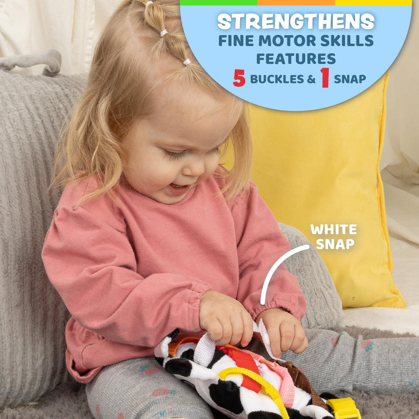 Buckle Toys - Bessie Cow - Learning Activity Toddler Plane Travel Essential Toy - Develop Motor Skills and Problem Solving