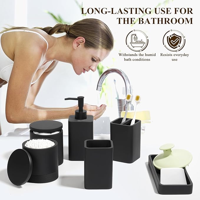 Bathroom Accessories Set, 6 Piece Bathroom Set with Toothbrush Holders, Soap Dispenser, Vanity Tray, Tumbler, Cotton Swab Jars, Bathroom Organizer，Bathroom Sink Sets, Matte Black