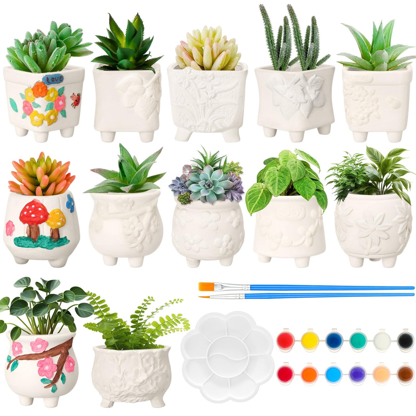 Hushee 12 Sets Ceramic Succulent Planters Paintable Succulent Plant Pots Small DIY Figurines Unpainted Pots with Drainage Hole Color Paints Paintbrushes Palettes(Flower)