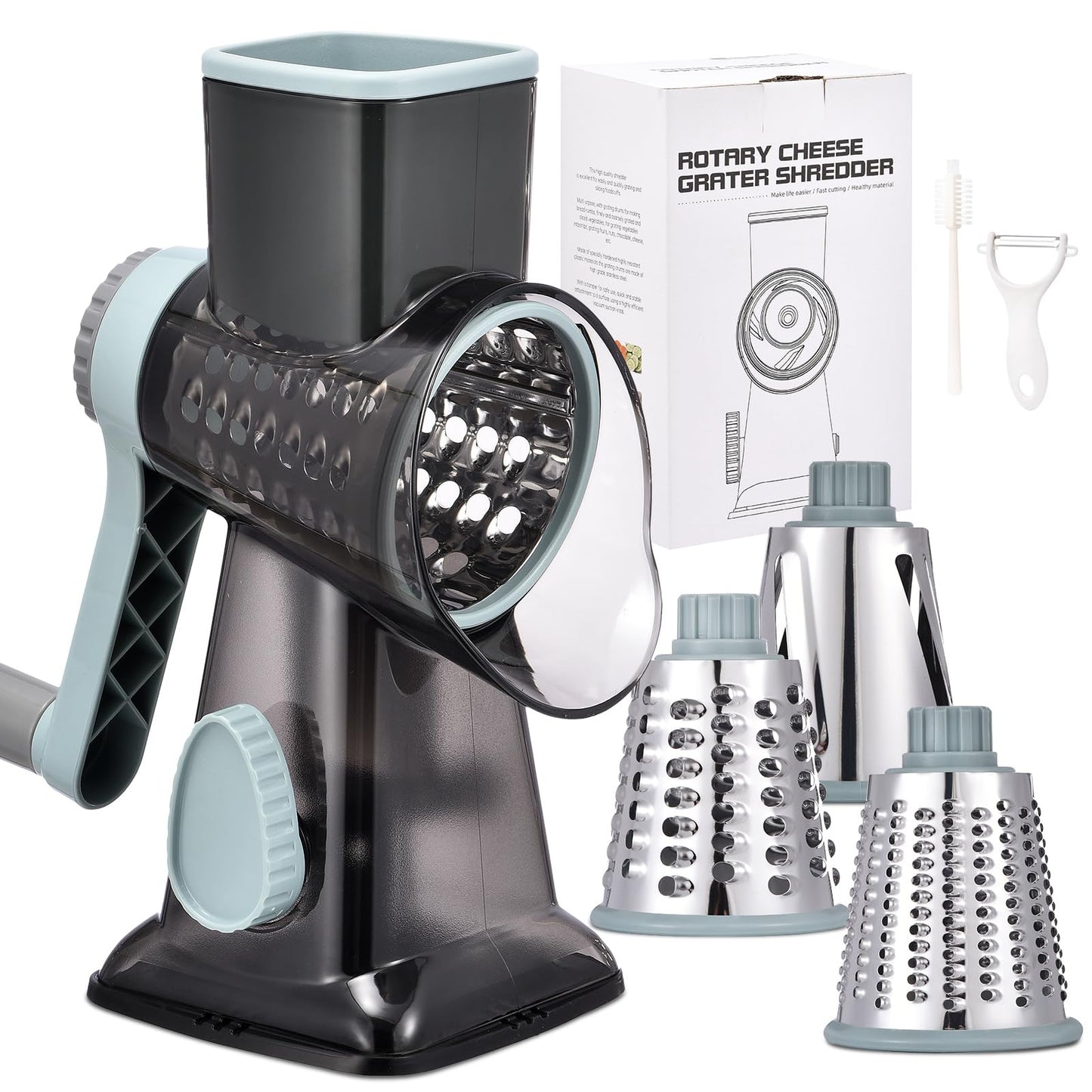 Rotary Cheese Grater with Handle Kitchen Shredder Slicer Grater Slicer Ice Shaver Cheese Vegetable Nuts Potato Zucchini Chocolate 3 Interchangeable Blades (GreyBlue