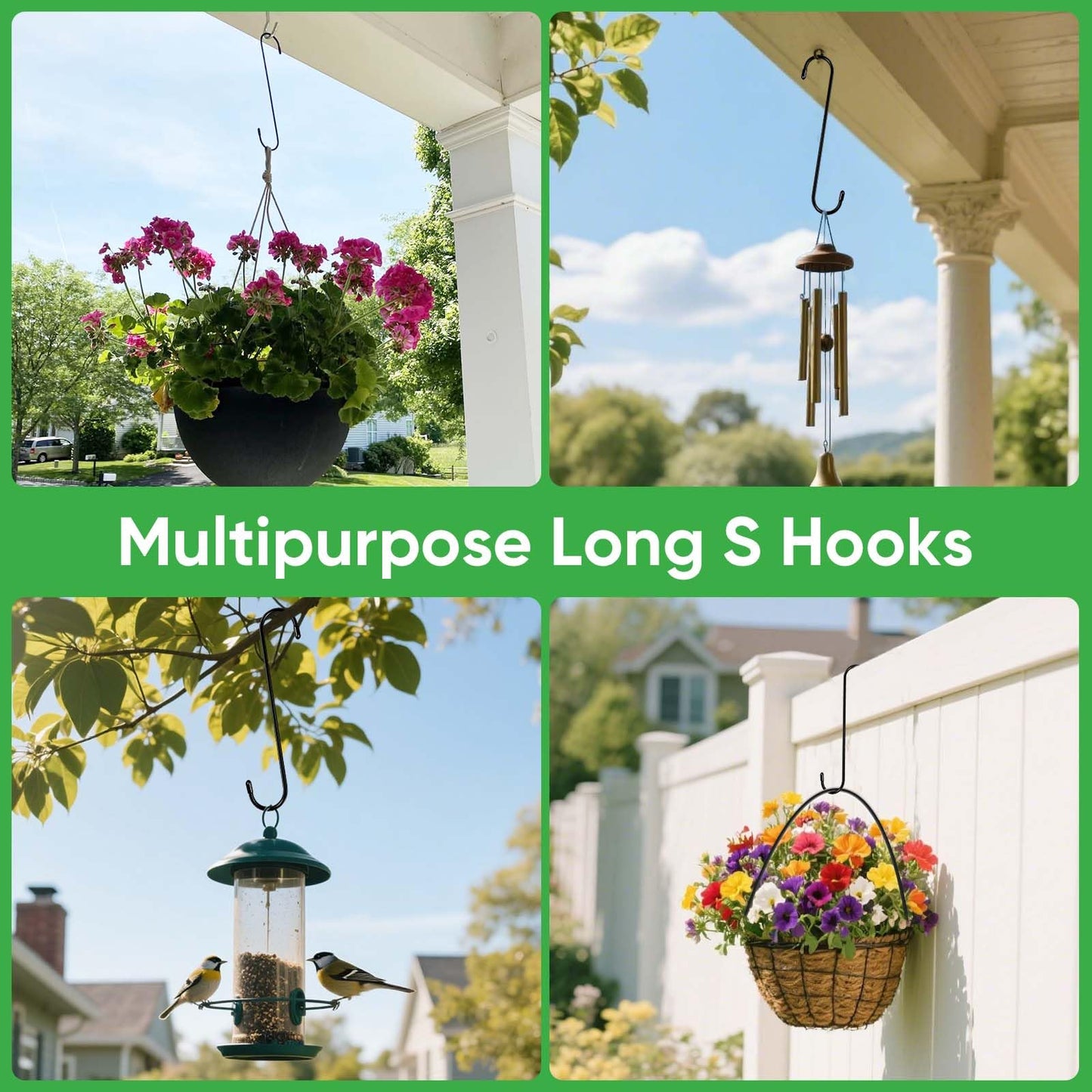 HiGift 8 Pack 12 Inch Long S Hooks for Hanging Plants, Large Plant Hooks for Hanging Baskets Heavy Duty, Black Extender Hooks for Kitchenware, Pergola, Closet, Flower Basket, Bird Feeder, Wind Chimes