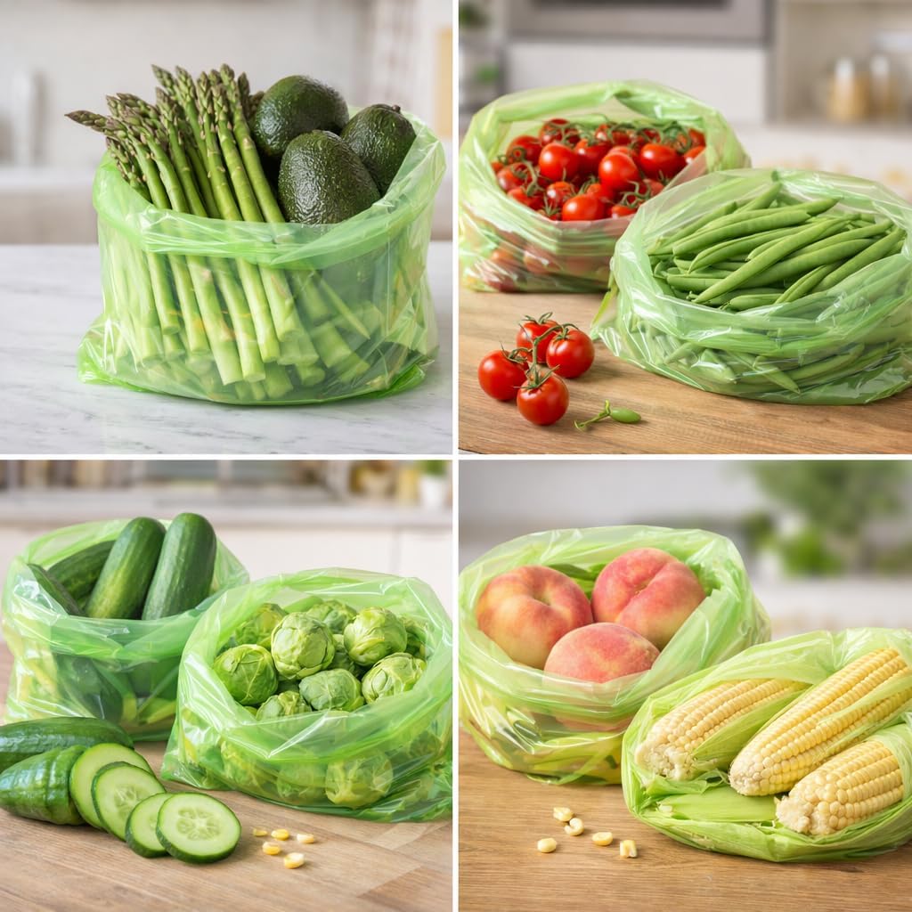 Reusable Produce Bags to Keep Fruit Fresh Longer, 40 Pack (20S, 20L) Vegetable Storage Bags for Refrigerator, Reusable Salad & Cut Flower Storage Bags, BPA Free